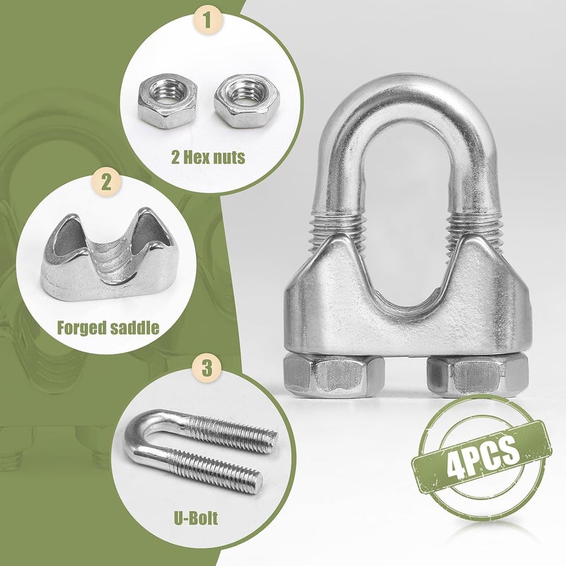 Jamiikury 4pcs M10 Wire Rope Clamp, 3/8 inch Cable Clamps Stainless Steel Wire Rope Clips - Image 4